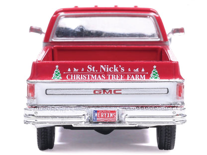 1976 GMC Sierra Grande K2500 Wideside Pickup Truck "St. Nick's Christmas Tree Farm" Red with White Sides "Christmas Limited Edition" 1/64 Diecast Model Car by IXO Models-DiecastModeler.com