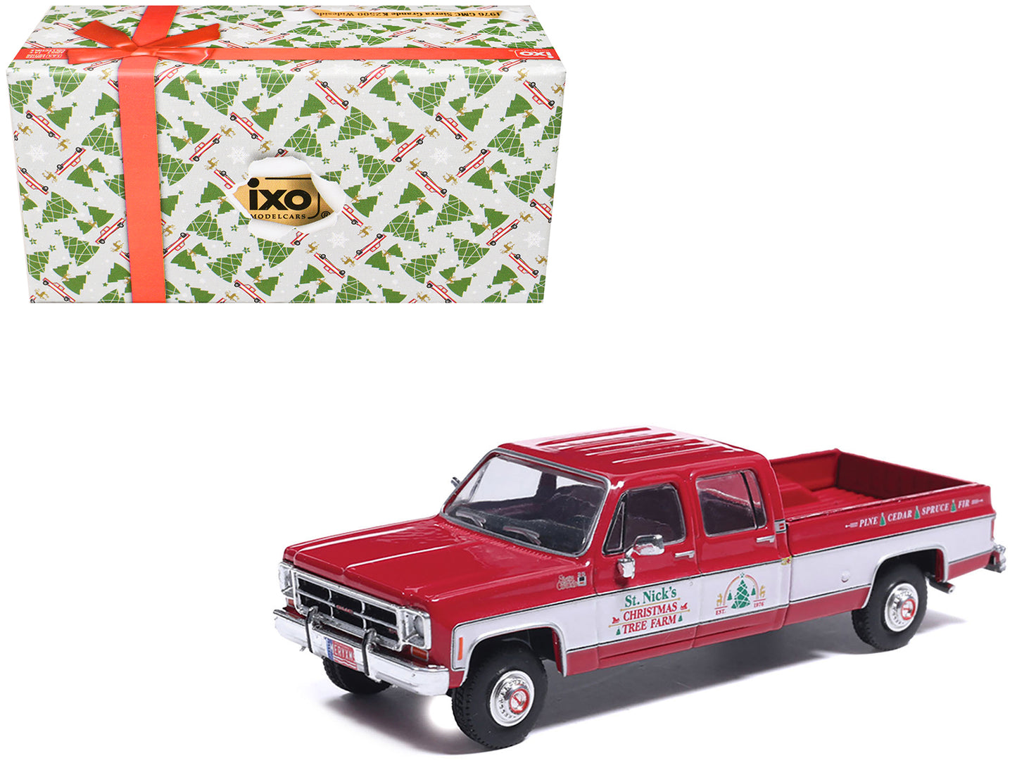 1976 GMC Sierra Grande K2500 Wideside Pickup Truck "St. Nick's Christmas Tree Farm" Red with White Sides "Christmas Limited Edition" 1/64 Diecast Model Car by IXO Models-DiecastModeler.com