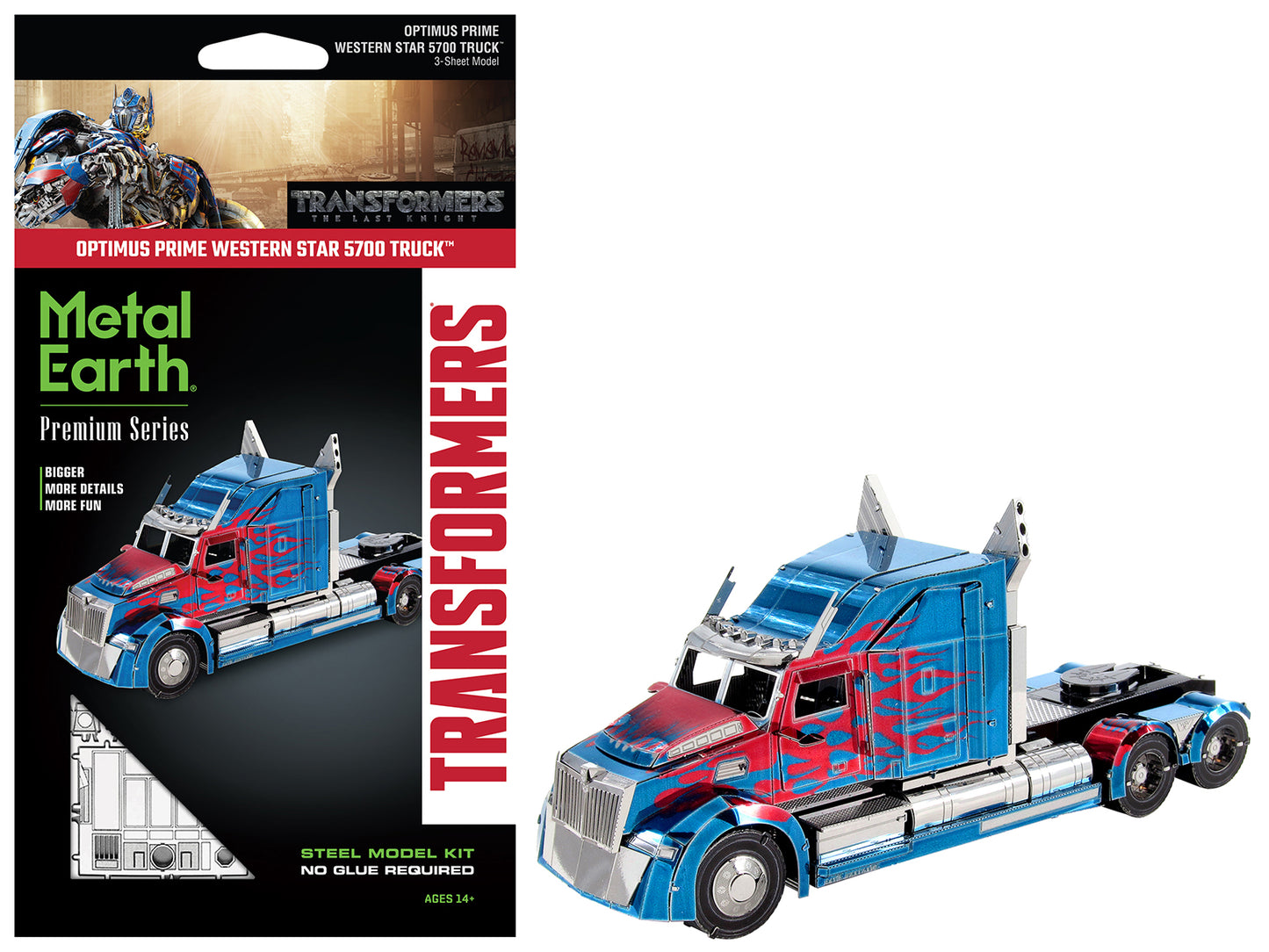Model Kit Western Star 5700 Truck "Optimus Prime" Blue with Red Flames "Transformers: The Last Knight" (2017) Movie (Moderate Difficulty) Steel Model by Metal Earth-DiecastModeler.com