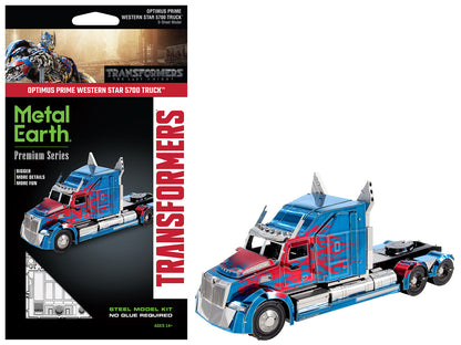 Model Kit Western Star 5700 Truck "Optimus Prime" Blue with Red Flames "Transformers: The Last Knight" (2017) Movie (Moderate Difficulty) Steel Model by Metal Earth-DiecastModeler.com