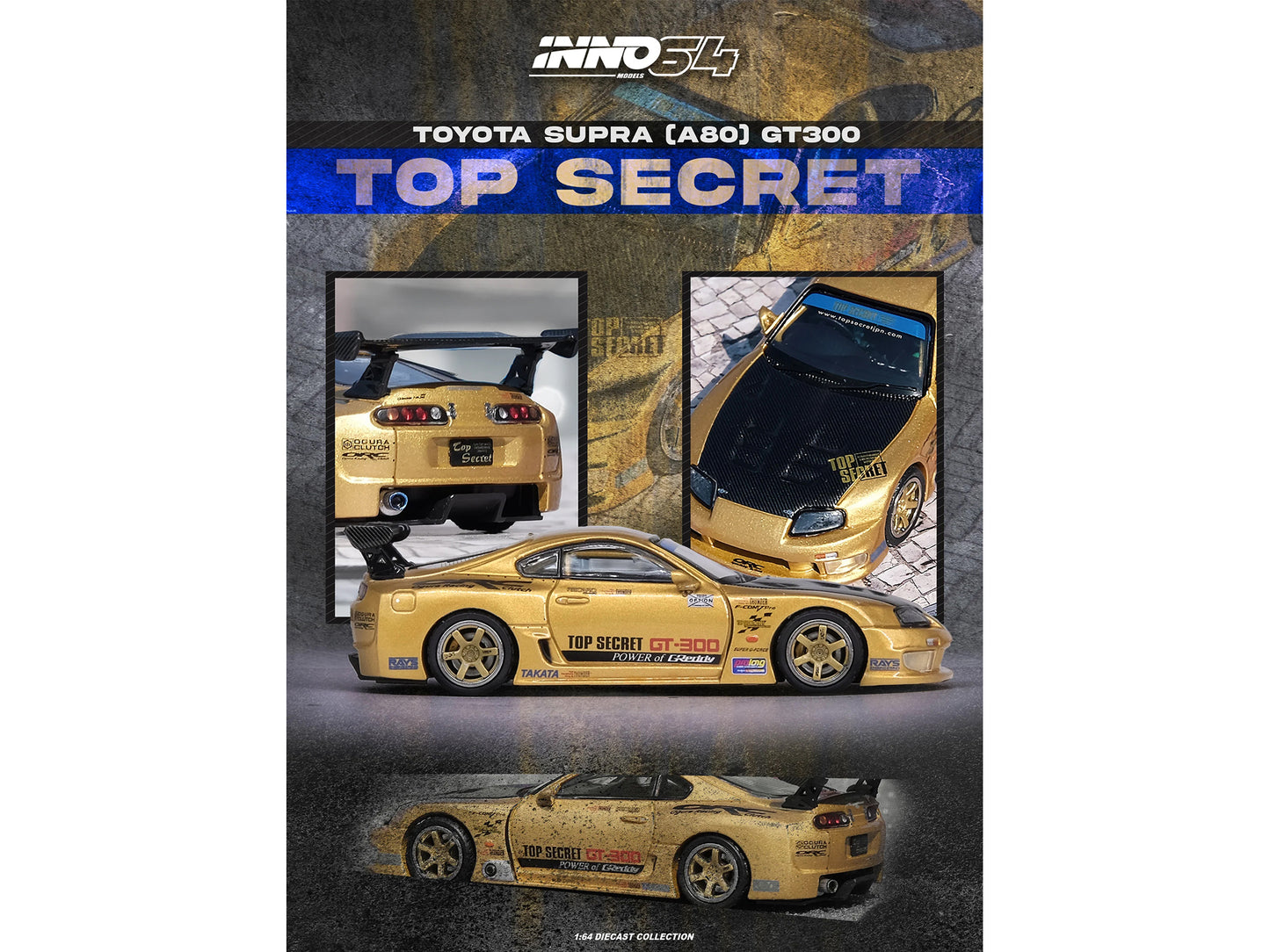 Toyota Supra (A80) "Top Secret" GT300 RHD (Right Hand Drive) Gold Metallic with Carbon Hood 1/64 Diecast Model Car by Inno Models-DiecastModeler.com