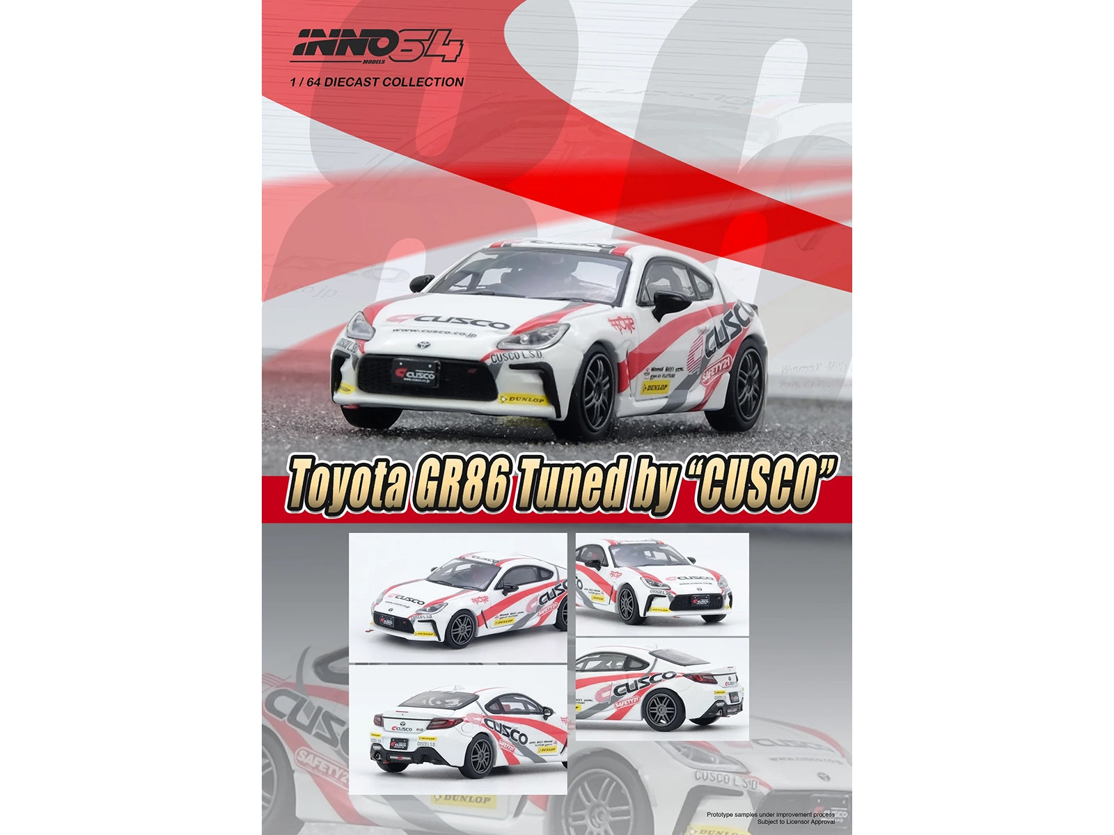Toyota GR86 Tuned by "CUSCO" RHD (Right Hand Drive) White with Red and Gray Stripes 1/64 Diecast Model Car by Inno Models-DiecastModeler.com