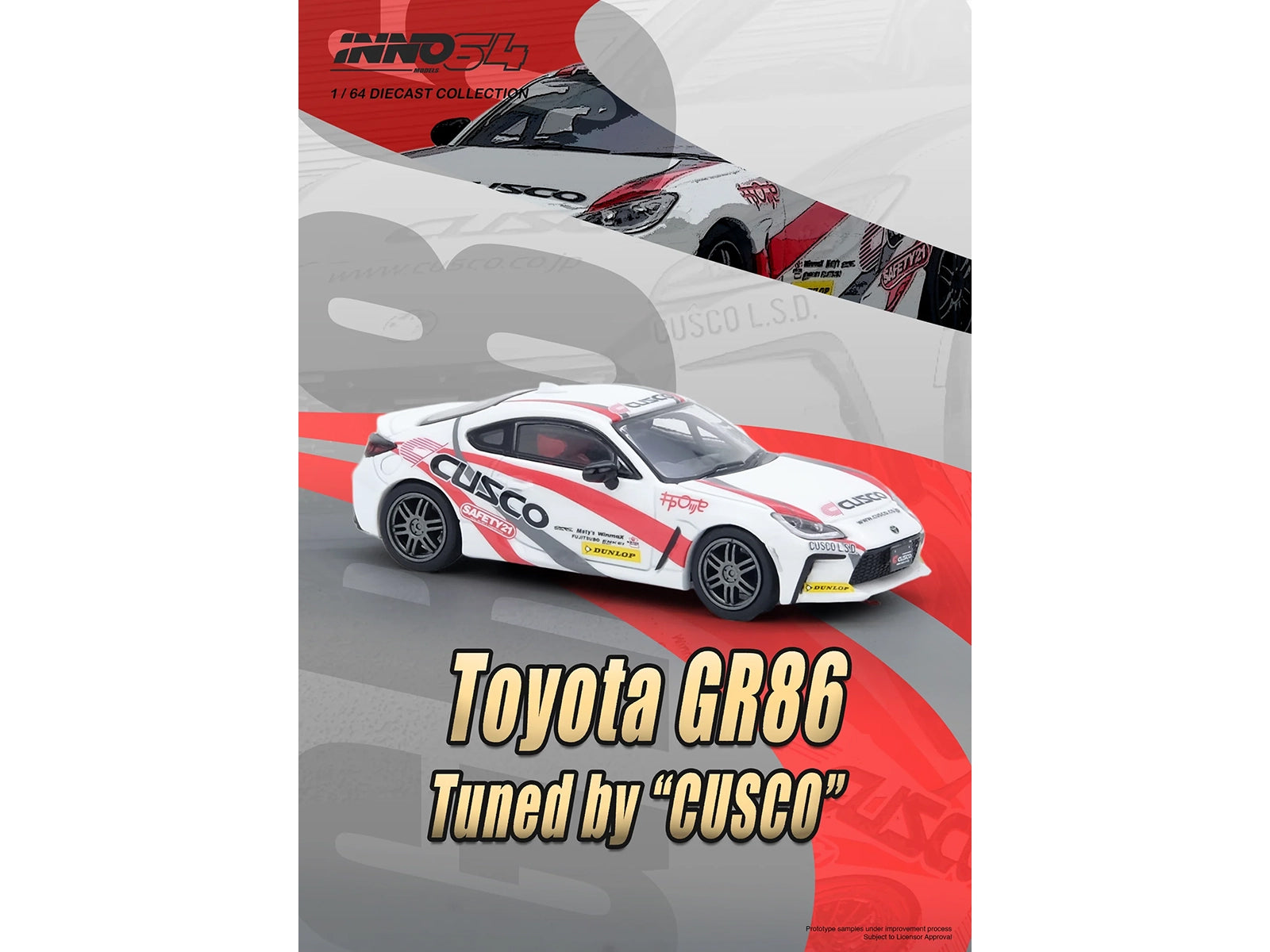 Toyota GR86 Tuned by "CUSCO" RHD (Right Hand Drive) White with Red and Gray Stripes 1/64 Diecast Model Car by Inno Models-DiecastModeler.com