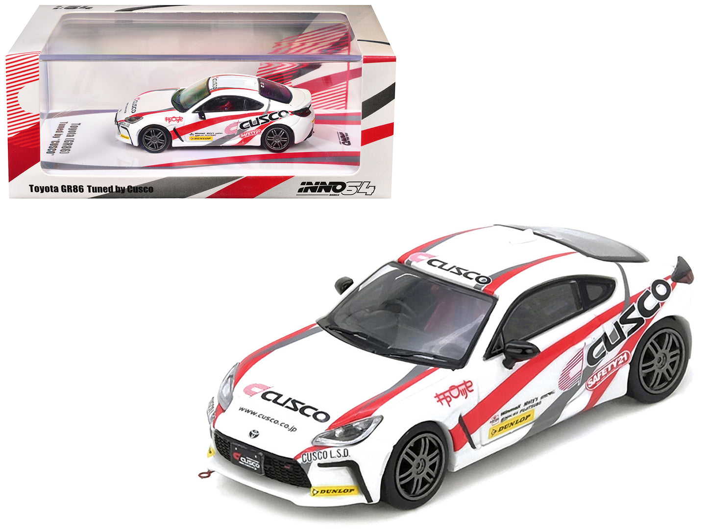 Toyota GR86 Tuned by "CUSCO" RHD (Right Hand Drive) White with Red and Gray Stripes 1/64 Diecast Model Car by Inno Models