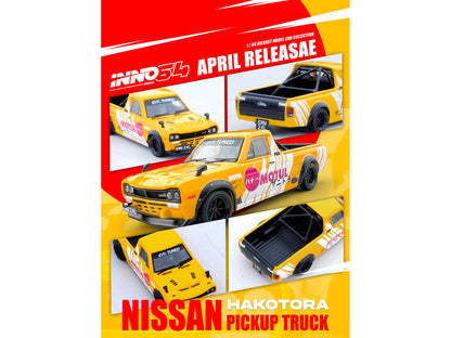 Nissan Sunny "Hakotora" Pickup Truck RHD (Right Hand Drive) "Motul" Yellow with White Stripes 1/64 Diecast Model Car by Inno Models-DiecastModeler.com