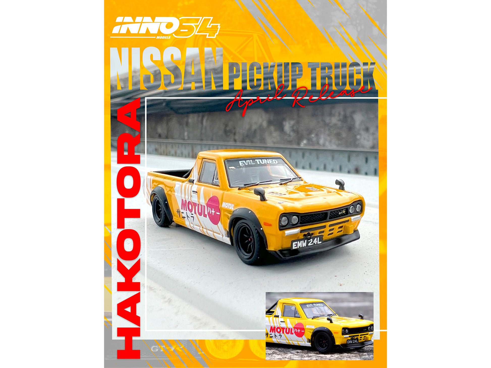 Nissan Sunny "Hakotora" Pickup Truck RHD (Right Hand Drive) "Motul" Yellow with White Stripes 1/64 Diecast Model Car by Inno Models-DiecastModeler.com