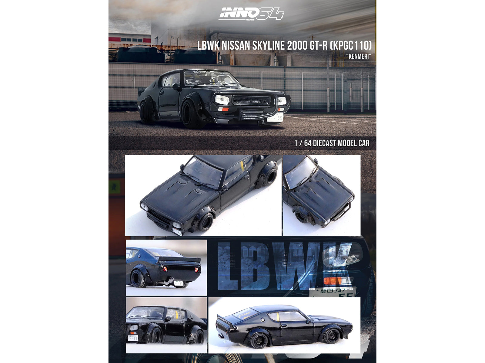 Nissan Skyline 2000 GT-R (KPGC110) RHD (Right Hand Drive) "LB-Works" Black 1/64 Diecast Model Car by Inno Models-DiecastModeler.com