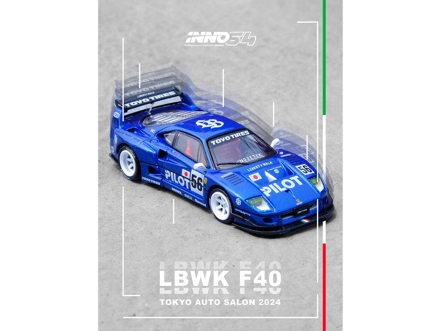 LBWK (Liberty Walk) F40 #56 Blue "Tokyo Auto Salon 2024" 1/64 Diecast Model Car by Inno Models