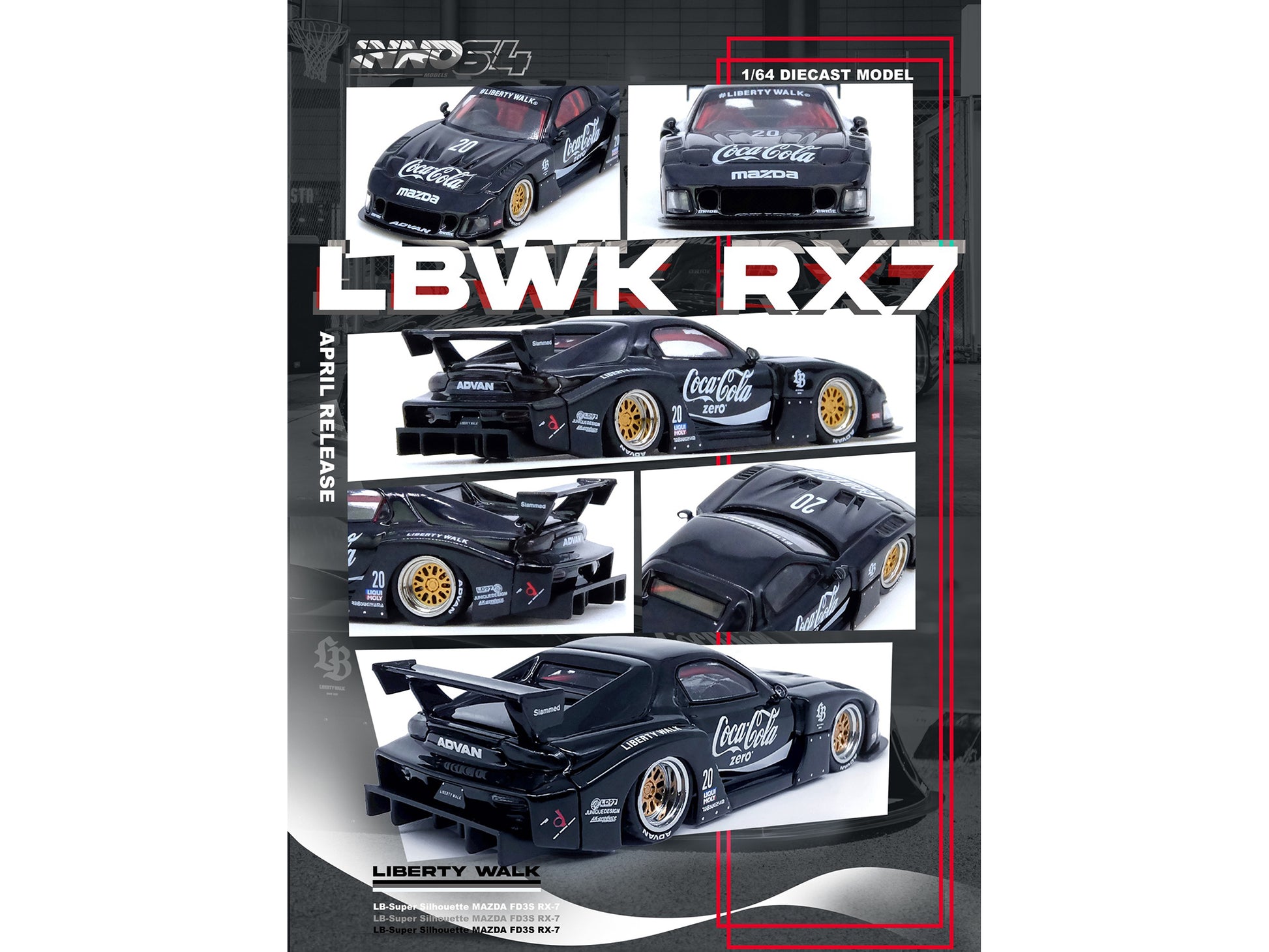 Mazda RX7 (FD3S) LB-Super-Silhouette RHD (Right Hand Drive) #20 "Coca-Cola Zero" Black 1/64 Diecast Model Car by Inno Models-DiecastModeler.com