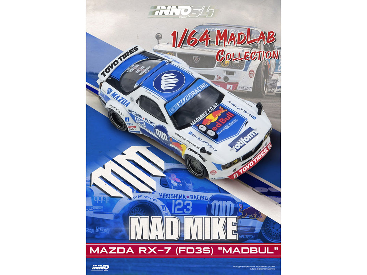 Mazda RX-7 (FD3S) RHD (Right Hand Drive) #123 "Pandem Rocket Bunny MADBUL Gen 7.3" White and Blue with Graphics "MadLab Collection 01" 1/64 Diecast Model Car by Inno Models-DiecastModeler.com