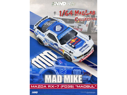 Mazda RX-7 (FD3S) RHD (Right Hand Drive) #123 "Pandem Rocket Bunny MADBUL Gen 7.3" White and Blue with Graphics "MadLab Collection 01" 1/64 Diecast Model Car by Inno Models-DiecastModeler.com