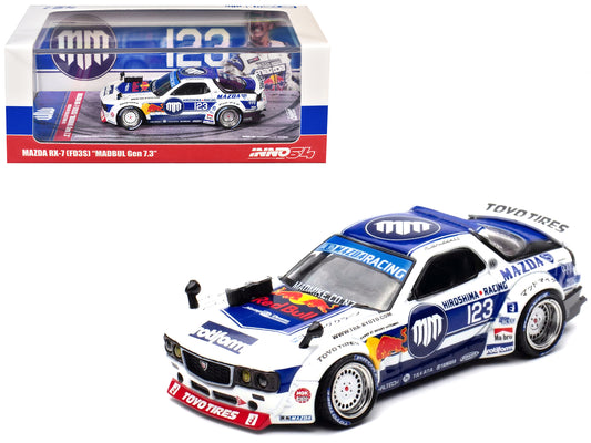 Mazda RX-7 (FD3S) RHD (Right Hand Drive) #123 "Pandem Rocket Bunny MADBUL Gen 7.3" White and Blue with Graphics "MadLab Collection 01" 1/64 Diecast Model Car by Inno Models