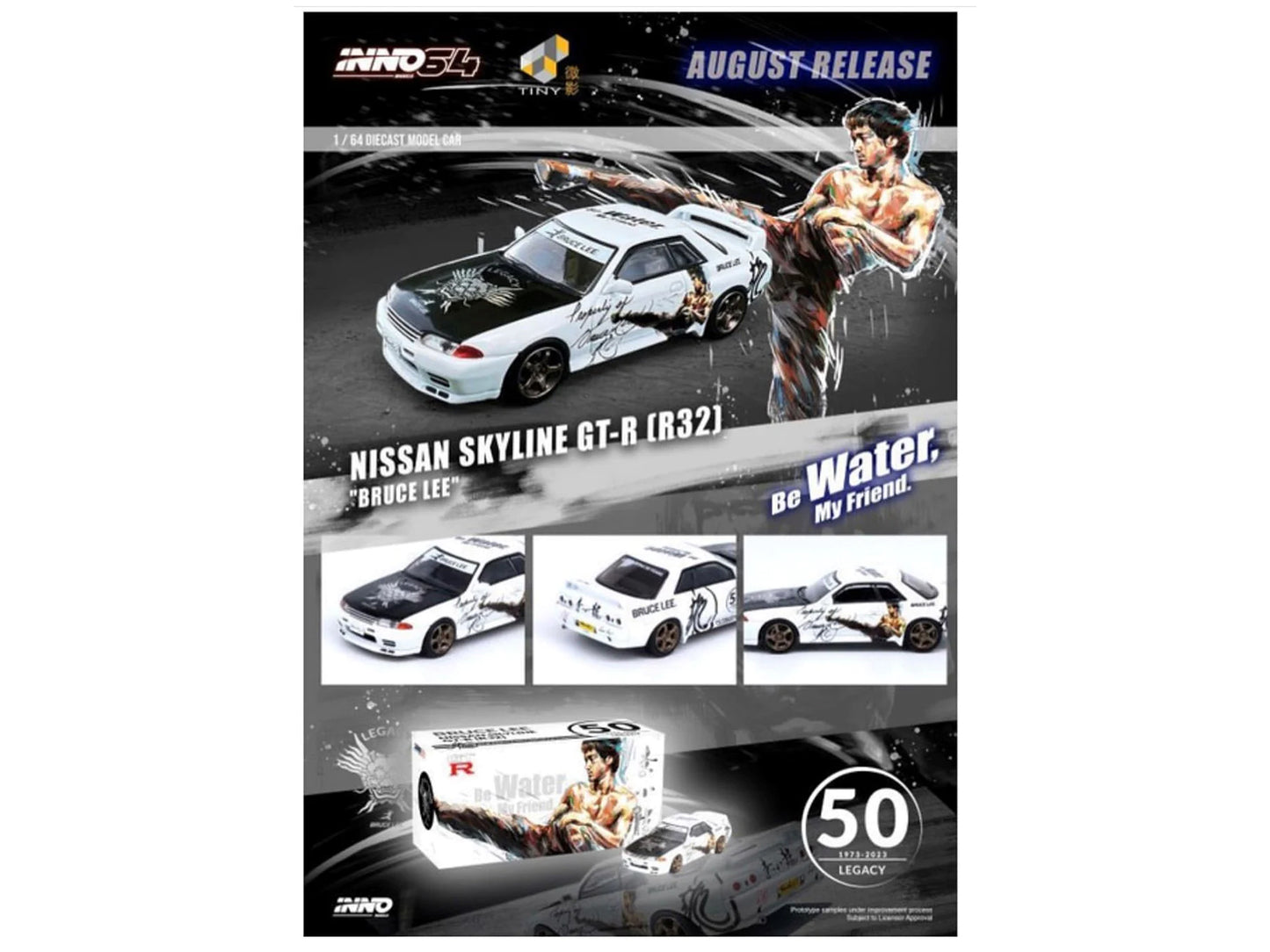 Nissan Skyline GT-R (R32) RHD (Right Hand Drive) White with Black Hood "Bruce Lee Legacy 50 Year Anniversary" 1/64 Diecast Model Car by Inno Models-DiecastModeler.com