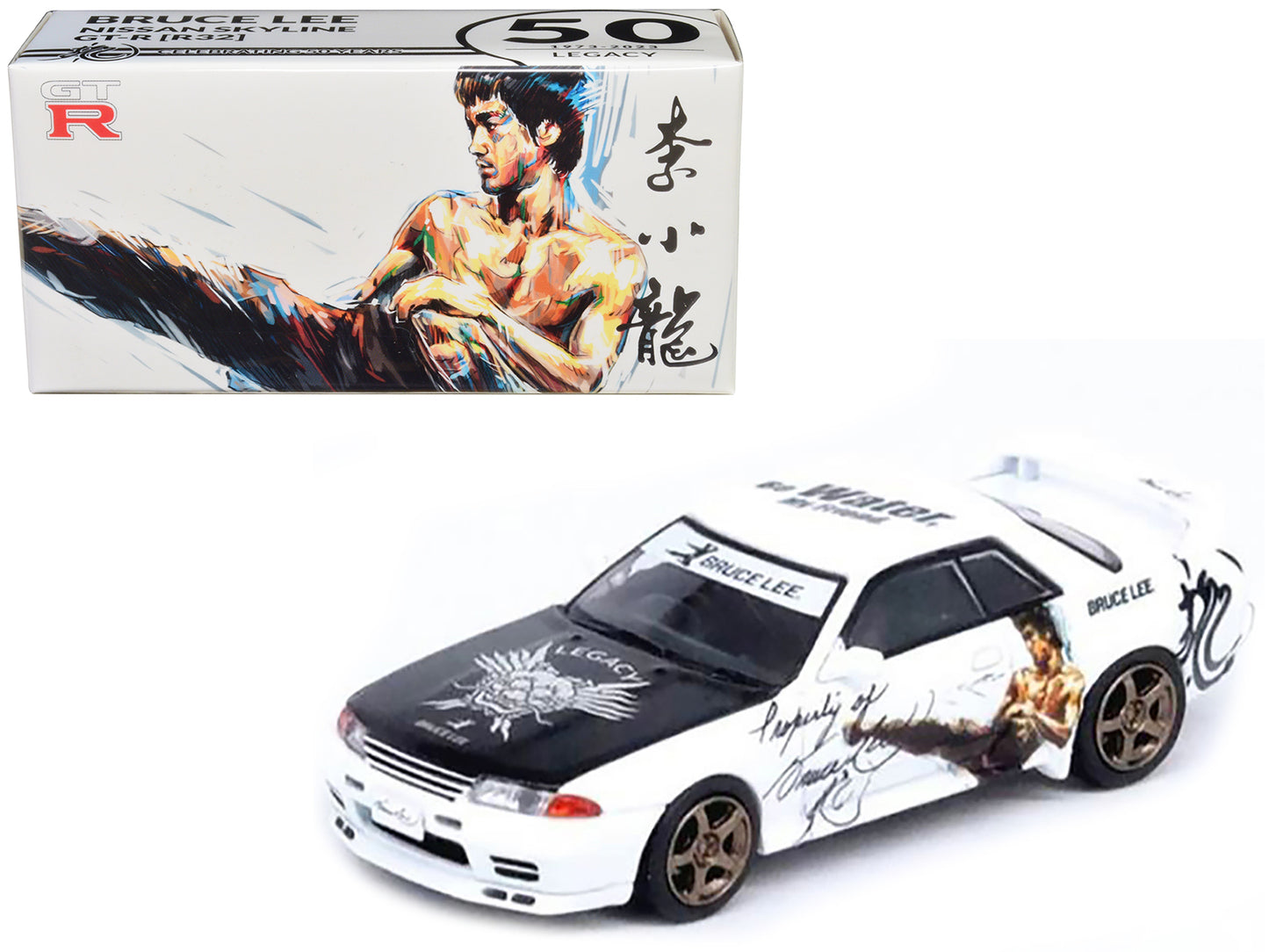Nissan Skyline GT-R (R32) RHD (Right Hand Drive) White with Black Hood "Bruce Lee Legacy 50 Year Anniversary" 1/64 Diecast Model Car by Inno Models-DiecastModeler.com