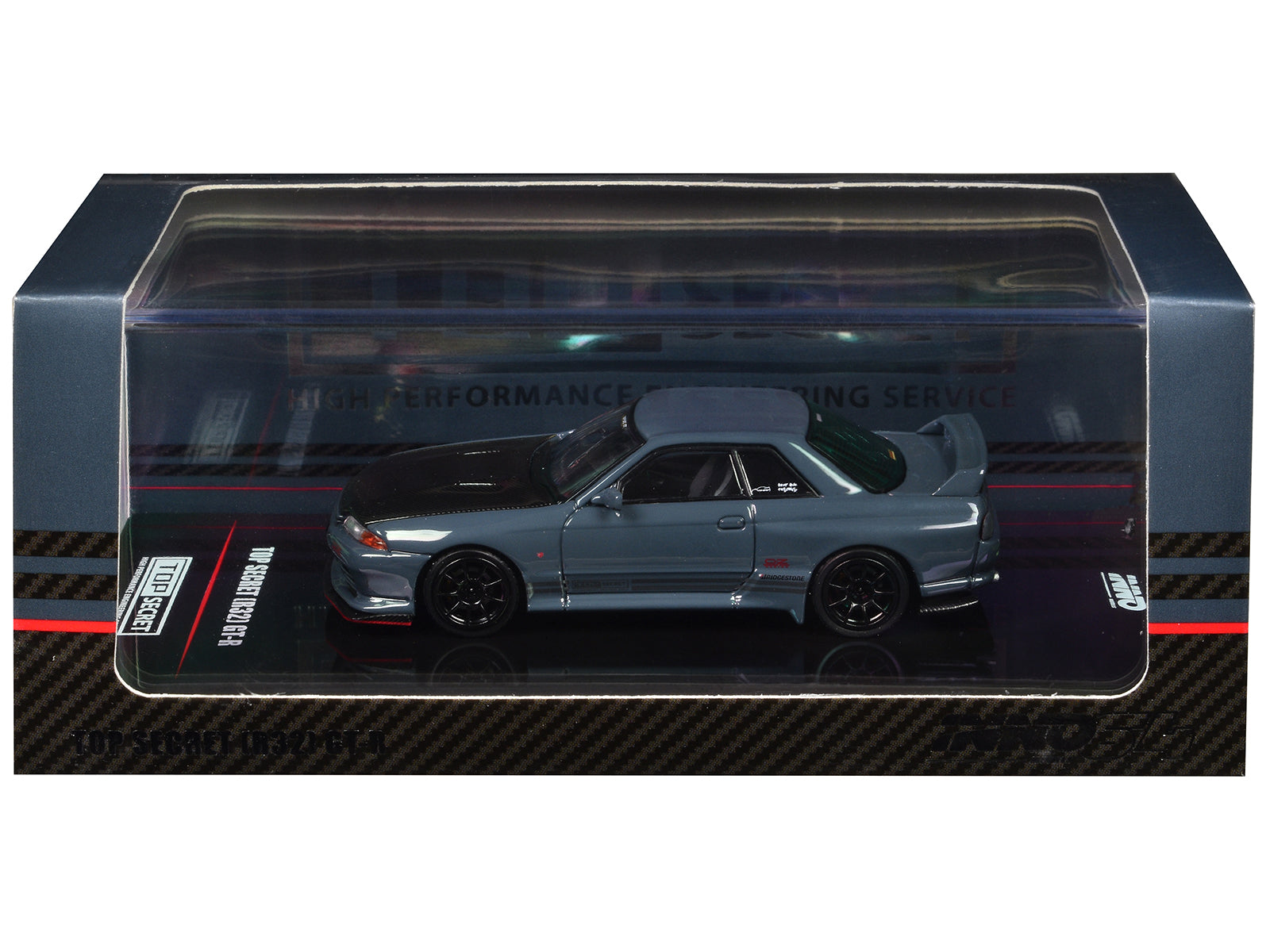 Nissan Skyline "Top Secret" GT-R (R32) RHD (Right Hand Drive) Stealth Gray with Carbon Hood 1/64 Diecast Model Car by Inno Models-DiecastModeler.com