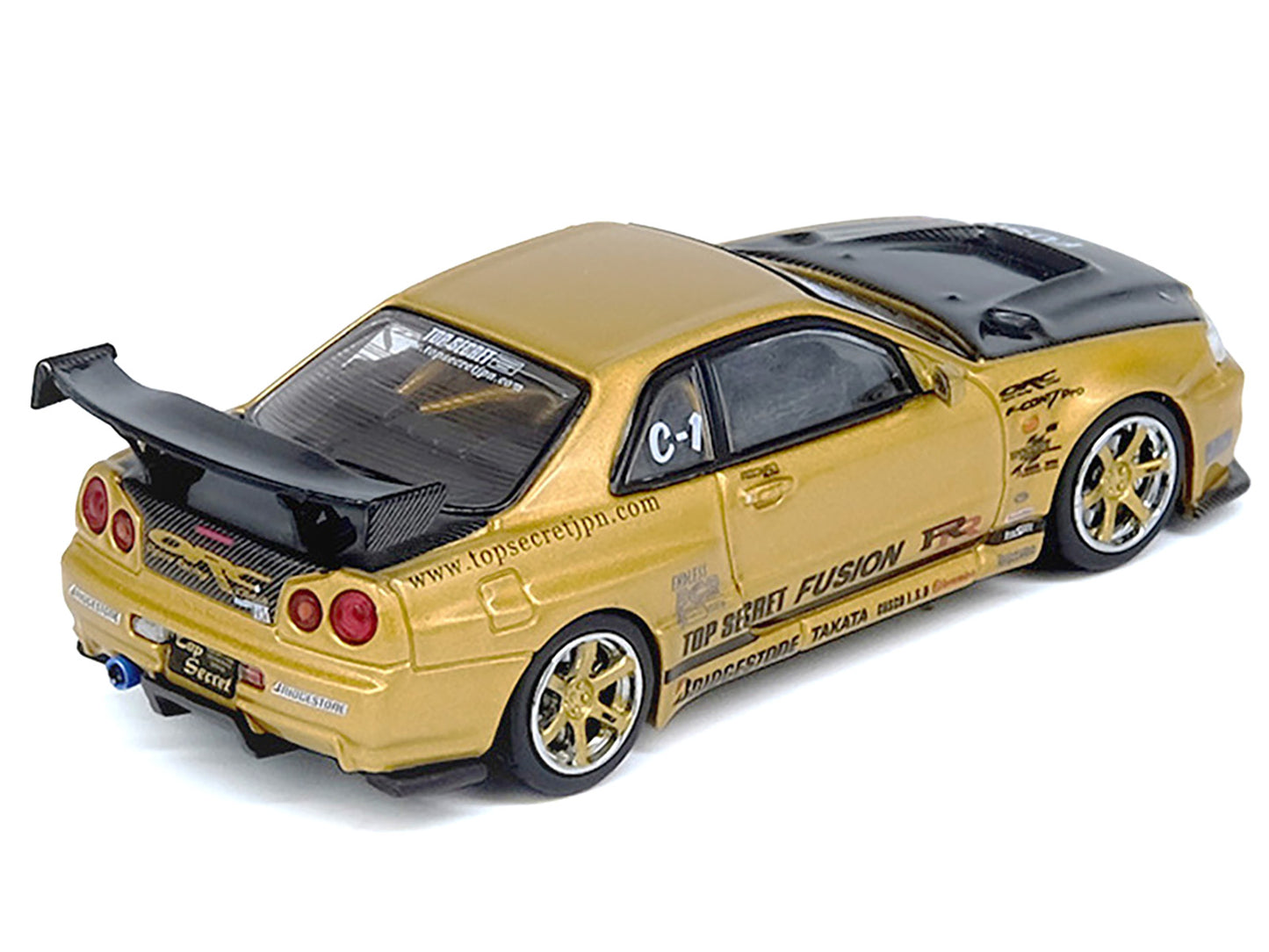 Nissan Skyline GT-R (R34) RHD (Right Hand Drive) "Top Secret" Gold Metallic with Carbon Hood and Trunk 1/64 Diecast Model Car by Inno Models-DiecastModeler.com