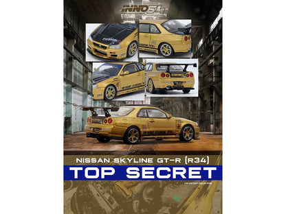 Nissan Skyline GT-R (R34) RHD (Right Hand Drive) "Top Secret" Gold Metallic with Carbon Hood and Trunk 1/64 Diecast Model Car by Inno Models-DiecastModeler.com
