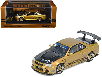Nissan Skyline GT-R (R34) RHD (Right Hand Drive) "Top Secret" Gold Metallic with Carbon Hood and Trunk 1/64 Diecast Model Car by Inno Models-DiecastModeler.com