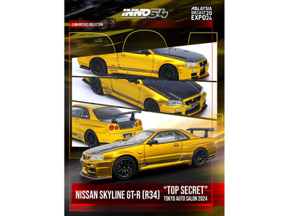 Nissan Skyline GT-R (R34) "Top Secret" RHD (Right Hand Drive) Gold Metallic with Carbon Hood and Trunk "Tokyo Auto Salon 2024 - Malaysia Diecast Expo 2024" 1/64 Diecast Model Car by Inno Models