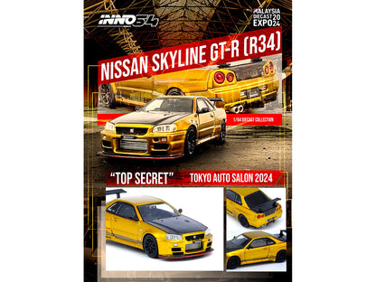Nissan Skyline GT-R (R34) "Top Secret" RHD (Right Hand Drive) Gold Metallic with Carbon Hood and Trunk "Tokyo Auto Salon 2024 - Malaysia Diecast Expo 2024" 1/64 Diecast Model Car by Inno Models
