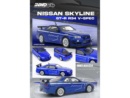 Nissan Skyline GT-R (R34) V-SPEC RHD (Right Hand Drive) "Tuned by Mine's" Blue Metallic 1/64 Diecast Model Car by Inno Models