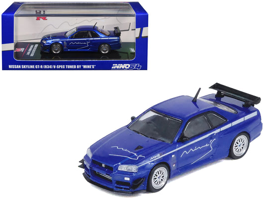 Nissan Skyline GT-R (R34) V-SPEC RHD (Right Hand Drive) "Tuned by Mine's" Blue Metallic 1/64 Diecast Model Car by Inno Models-DiecastModeler.com