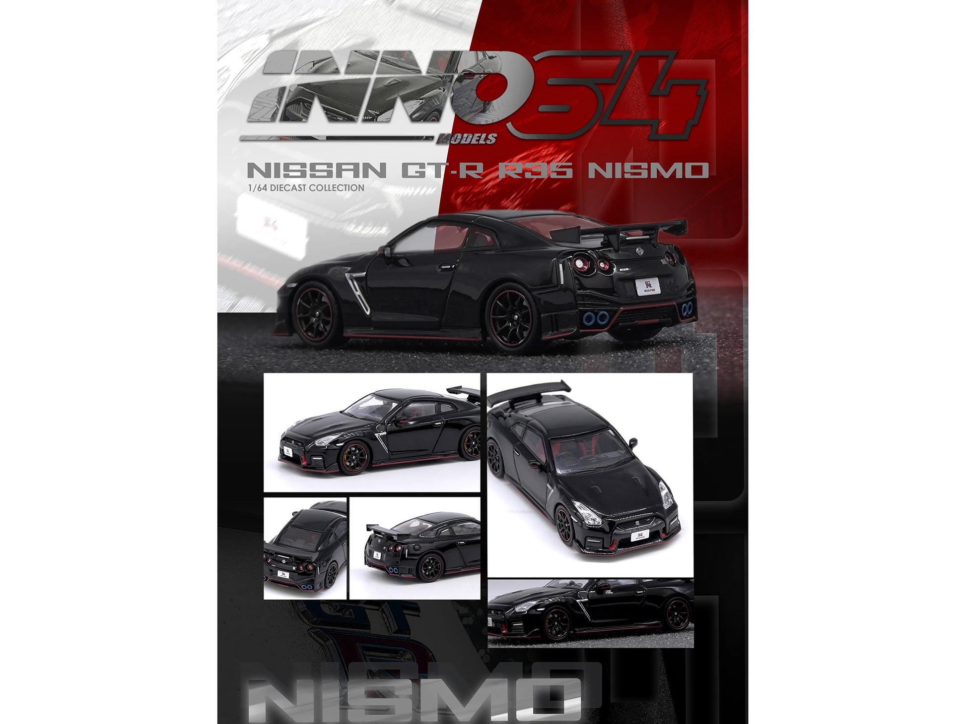 Nissan GT-R (R35) Nismo RHD (Right Hand Drive) Nismo Black with Carbon Hood and Top 1/64 Diecast Model Car by Inno Models-DiecastModeler.com
