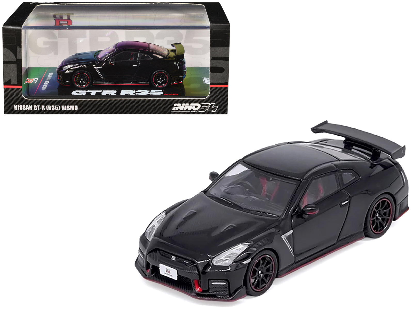 Nissan GT-R (R35) Nismo RHD (Right Hand Drive) Nismo Black with Carbon Hood and Top 1/64 Diecast Model Car by Inno Models-DiecastModeler.com