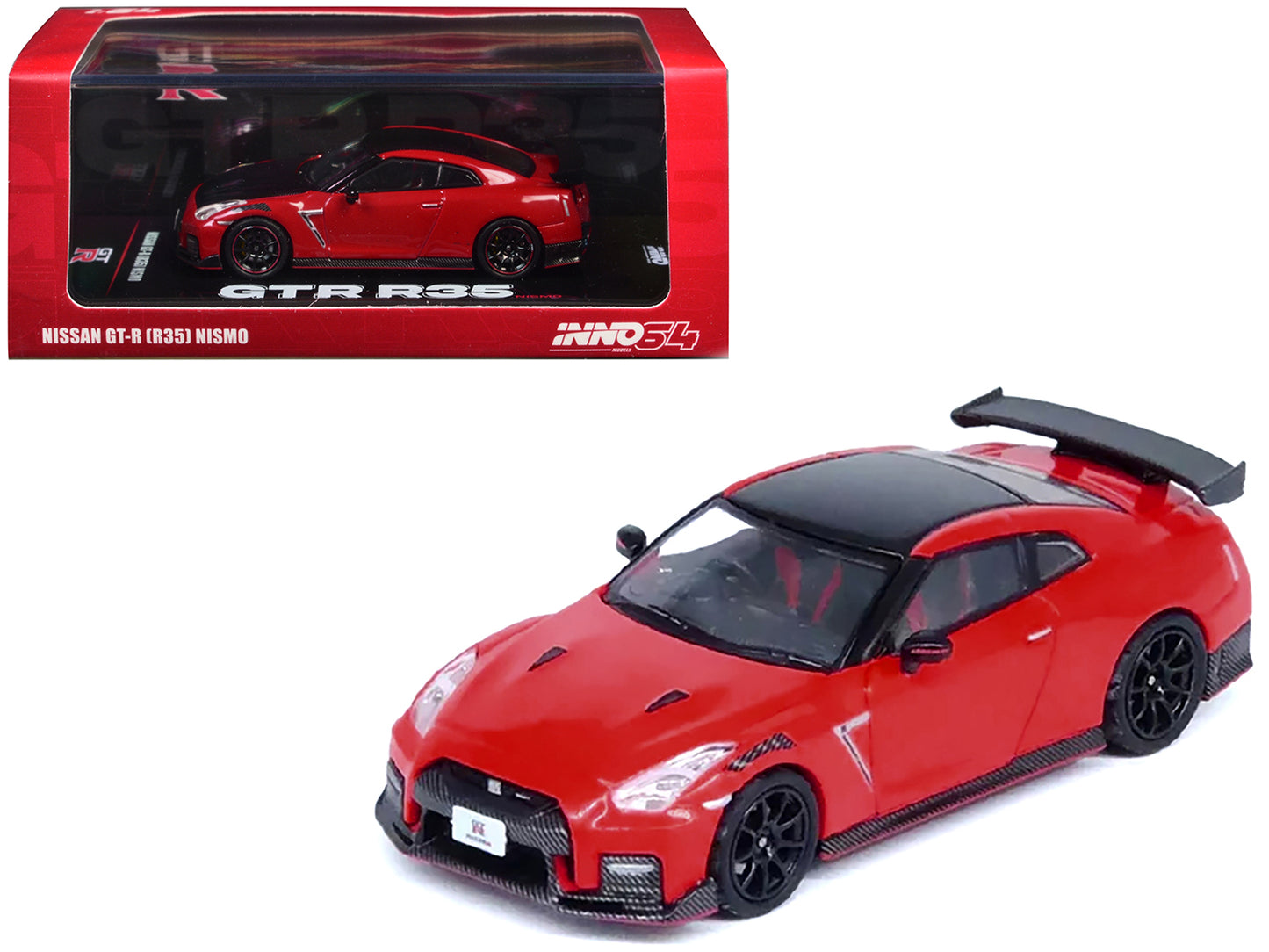 Nissan GT-R (R35) Nismo RHD (Right Hand Drive) Red with Carbon Hood and Top 1/64 Diecast Model Car by Inno Models-DiecastModeler.com