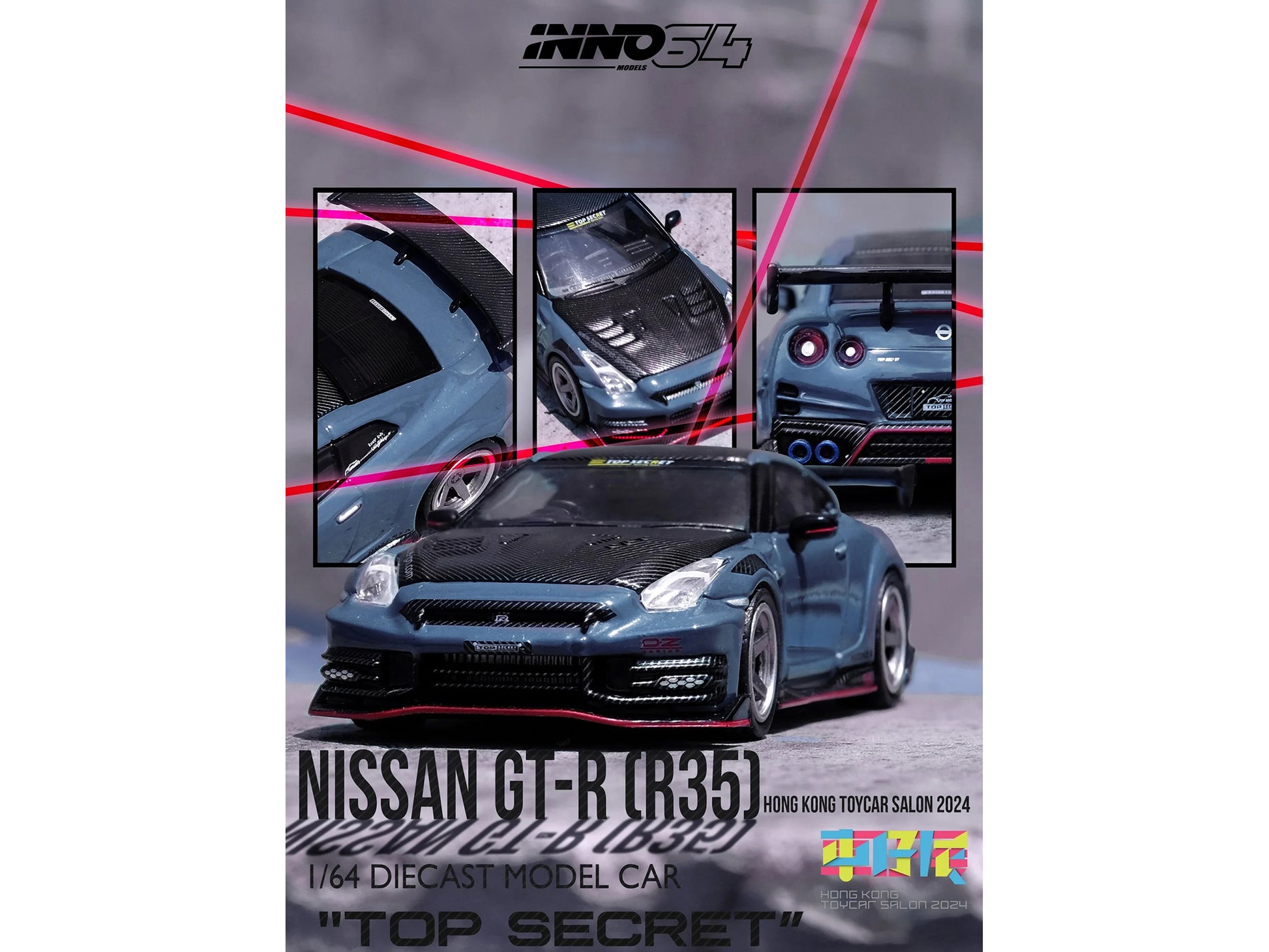 2024 Nissan GT-R (R35) Nismo "Top Secret" RHD (Right Hand Drive) Gray with Carbon Hood and Top "Hong Kong Toy Car Salon 2024 Special Edition" 1/64 Diecast Model Car by Inno Models-DiecastModeler.com
