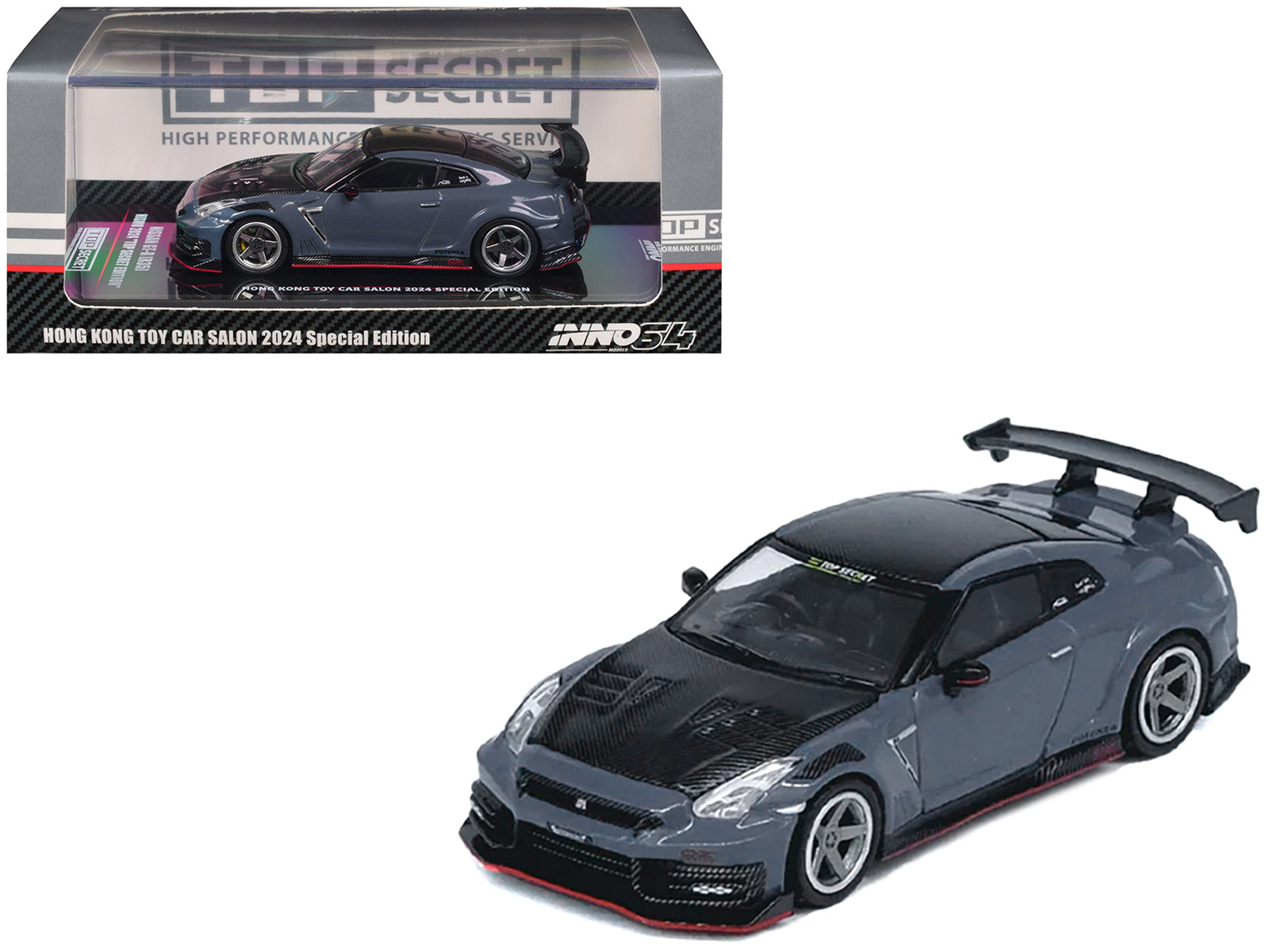 2024 Nissan GT-R (R35) Nismo "Top Secret" RHD (Right Hand Drive) Gray with Carbon Hood and Top "Hong Kong Toy Car Salon 2024 Special Edition" 1/64 Diecast Model Car by Inno Models-DiecastModeler.com