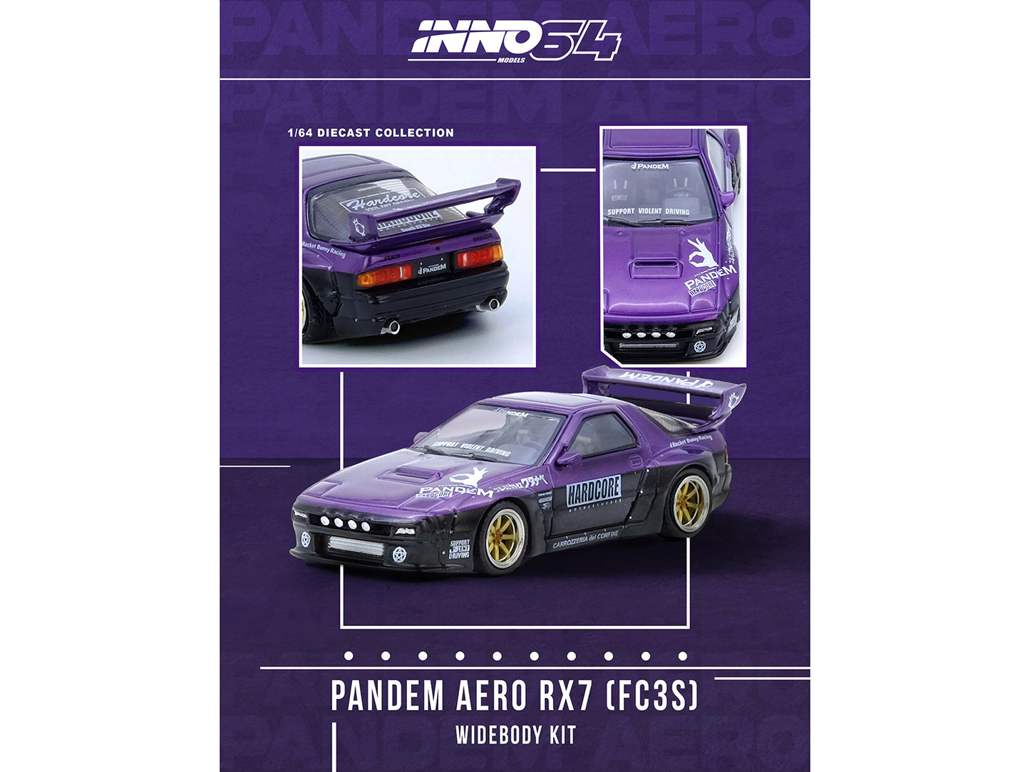 Mazda RX7 (FC3S) "Pandem Rocket Bunny" Kit Purple Metallic and Black 1/64 Diecast Model Car by Inno Models