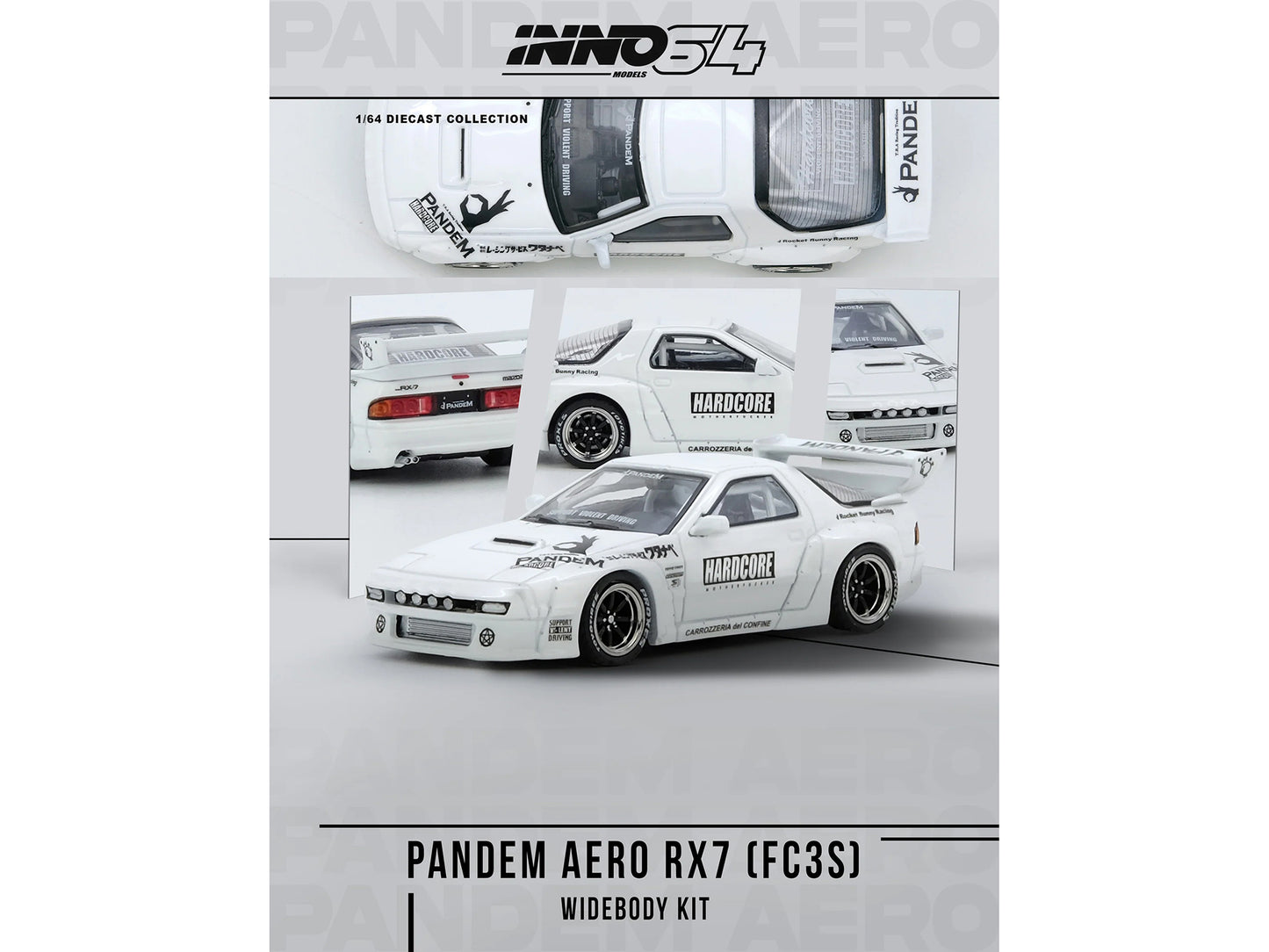 Mazda RX7 (FC3S) "Pandem Aero" Widebody Kit White with Graphics 1/64 Diecast Model Car by Inno Models-DiecastModeler.com
