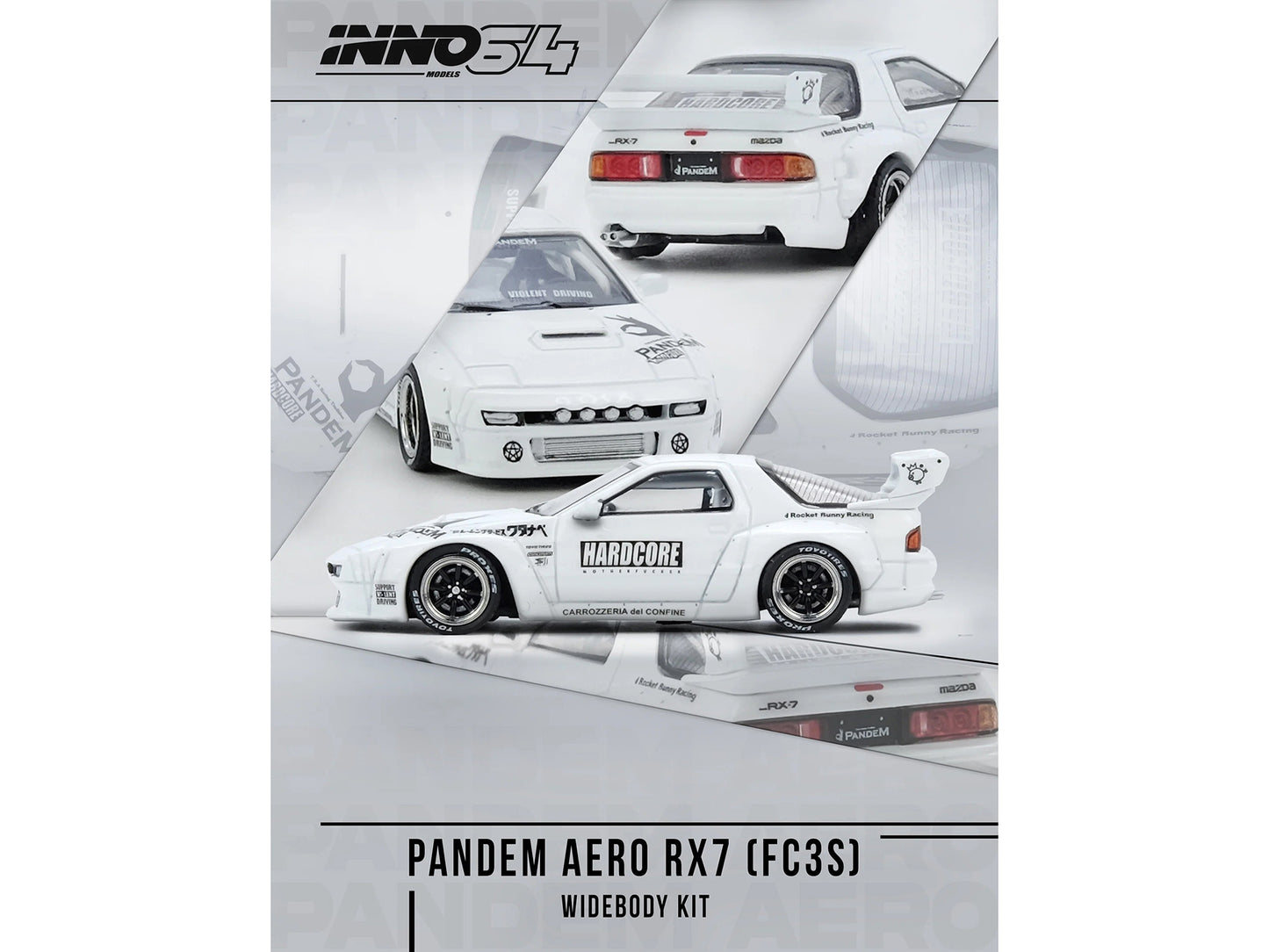 Mazda RX7 (FC3S) "Pandem Aero" Widebody Kit White with Graphics 1/64 Diecast Model Car by Inno Models-DiecastModeler.com