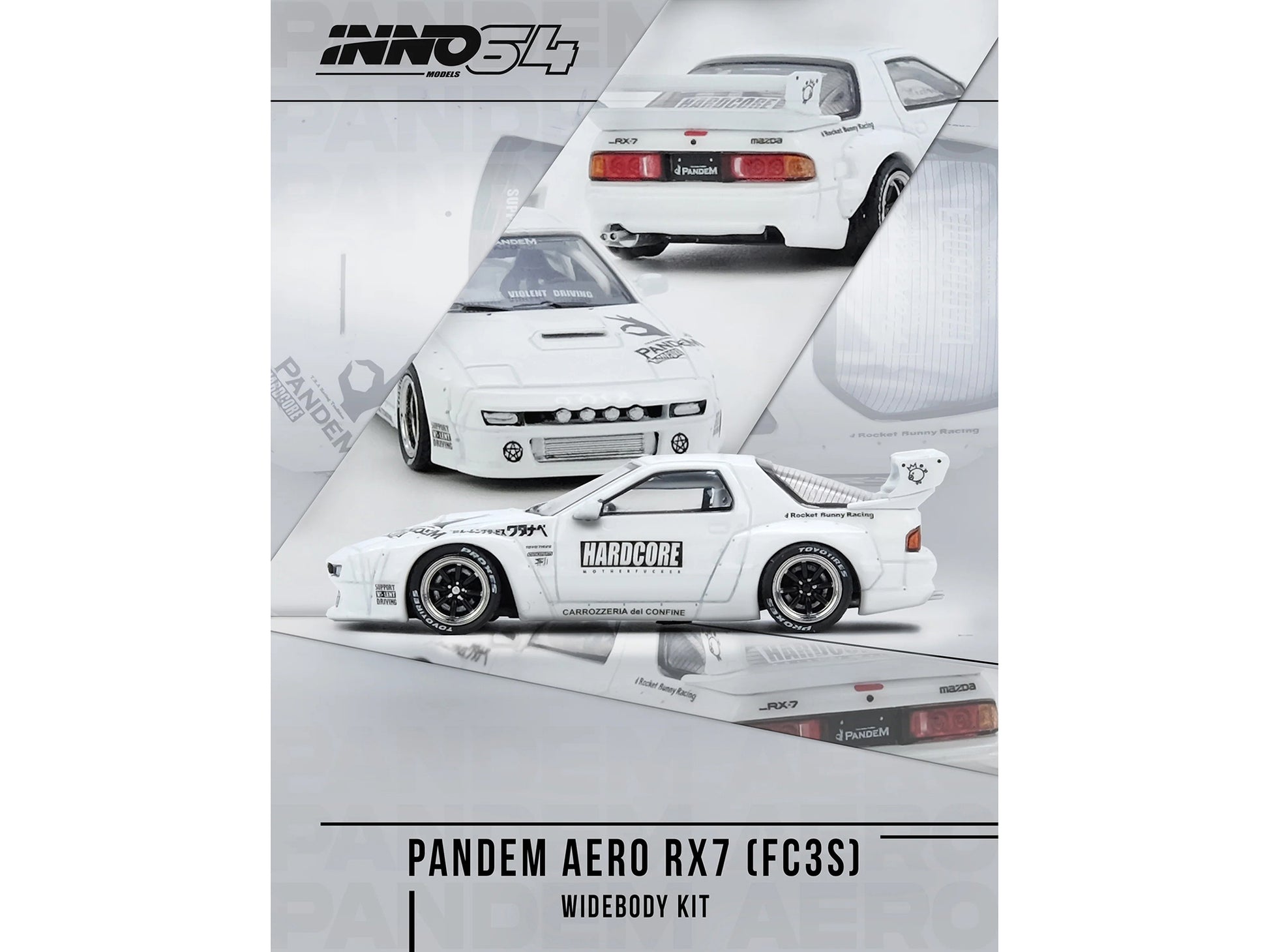 Mazda RX7 (FC3S) "Pandem Aero" Widebody Kit White with Graphics 1/64 Diecast Model Car by Inno Models-DiecastModeler.com