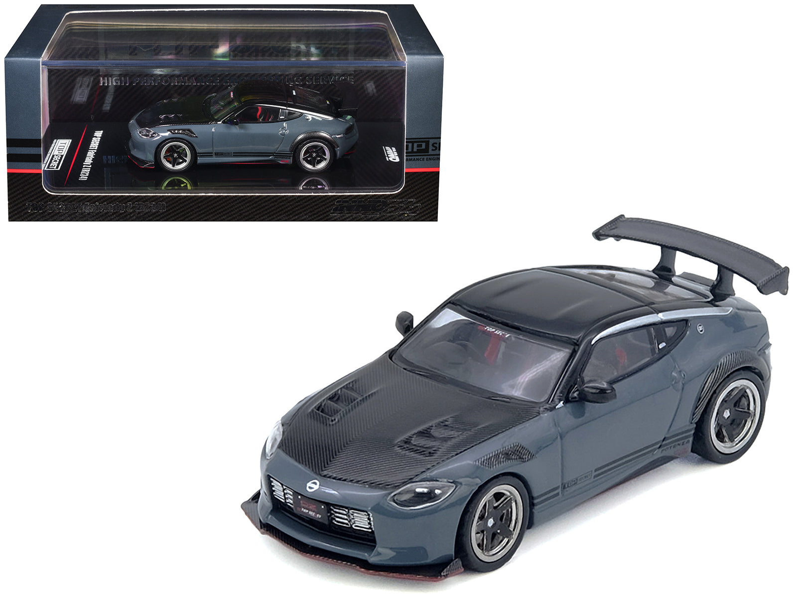 Nissan Fairlady Z "Top Secret" (RZ34) RHD (Right Hand Drive) Stealth Gray with Carbon Hood and Black Top 1/64 Diecast Model Car by Inno Models-DiecastModeler.com