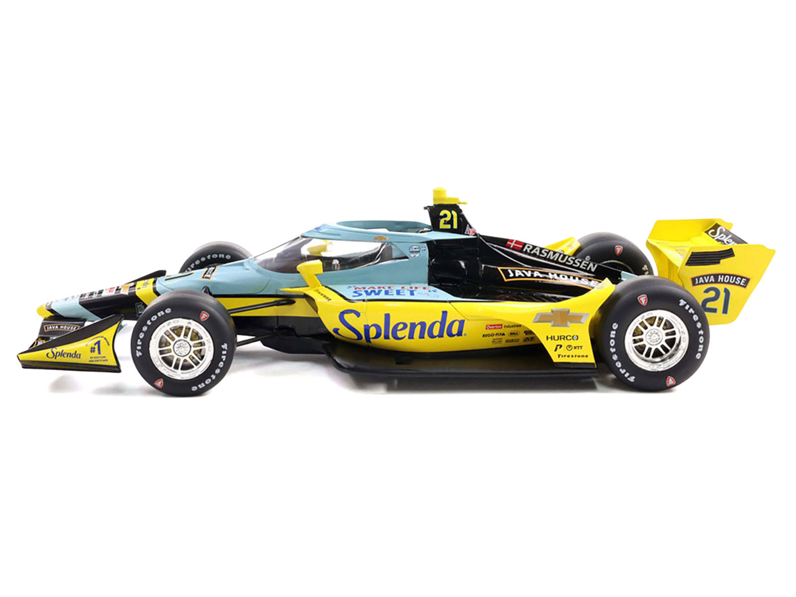 Dallara IndyCar #21 Christian Rasmussen "Splenda" Ed Carpenter Racing (Road Course Configuration) "NTT IndyCar Series" (2025) 1/18 Diecast Model Car by IXO Models-DiecastModeler.com