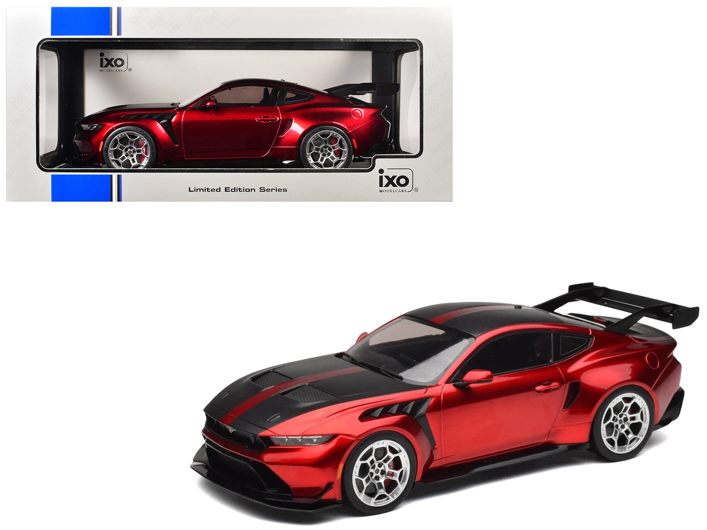 2025 Ford Mustang GTD Dark Red Metallic with Carbon Stripes "Limited Edition" Series 1/18 Diecast Model Car by IXO Models