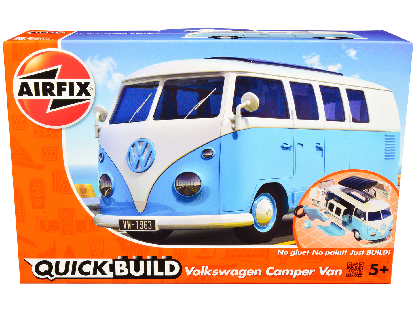 Skill 1 Model Kit Volkswagen Camper Van Blue Snap Together Model by Airfix Quickbuild-DiecastModeler.com