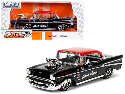 1957 Chevrolet Bel Air Black with Red Top "Pete's Auto Body: Black Widow" "Bigtime Muscle" Series 1/24 Diecast Model Car by Jada-DiecastModeler.com
