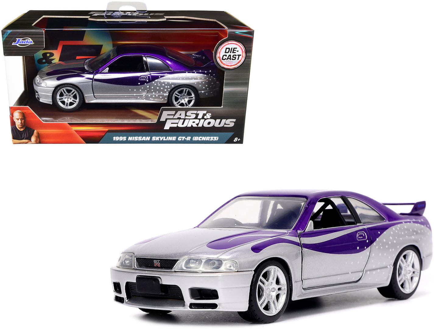 1995 Nissan Skyline GT-R (BCNR33) Purple and Silver Metallic "Fast & Furious" Series 1/32 Diecast Model Car by Jada-DiecastModeler.com