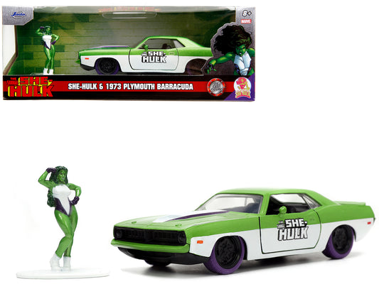 1973 Plymouth Barracuda Green Metallic and White and She-Hulk Diecast Figure "The Savage She-Hulk" "Hollywood Rides" Series 1/32 Diecast Model Car by Jada-DiecastModeler.com