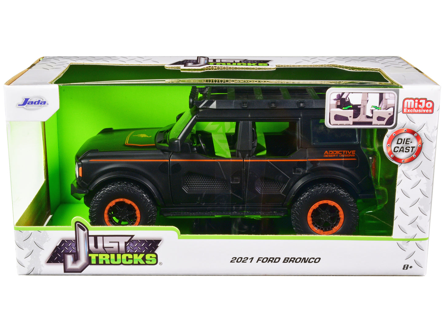 2021 Ford Bronco Matt Black with Orange Stripes and Roof Rack "Addictive Desert Designs" "Just Trucks" Series 1/24 Diecast Model Car by Jada-DiecastModeler.com