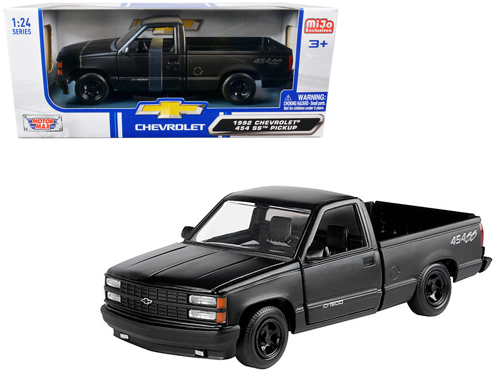 1992 Chevrolet 454 SS Pickup Truck Matt Black 1/24 Diecast Model Car by Motormax-DiecastModeler.com