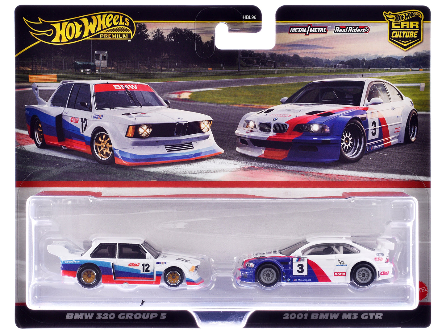 BMW 320 Group 5 #12 White with Stripes and 2001 BMW M3 GTR #3 White with Stripes "Car Culture" Set of 2 Cars Diecast Model Cars by Hot Wheels-DiecastModeler.com