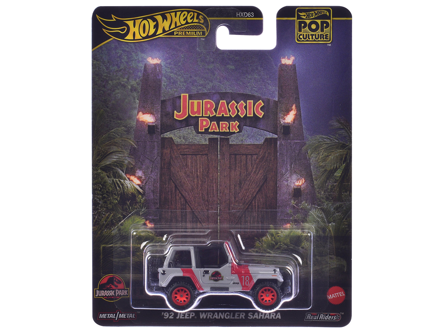 1992 Jeep Wrangler Sahara Gray with Red Stripes "Jurassic Park" (1993) Movie "Pop Culture" Series Diecast Model Car by Hot Wheels-DiecastModeler.com