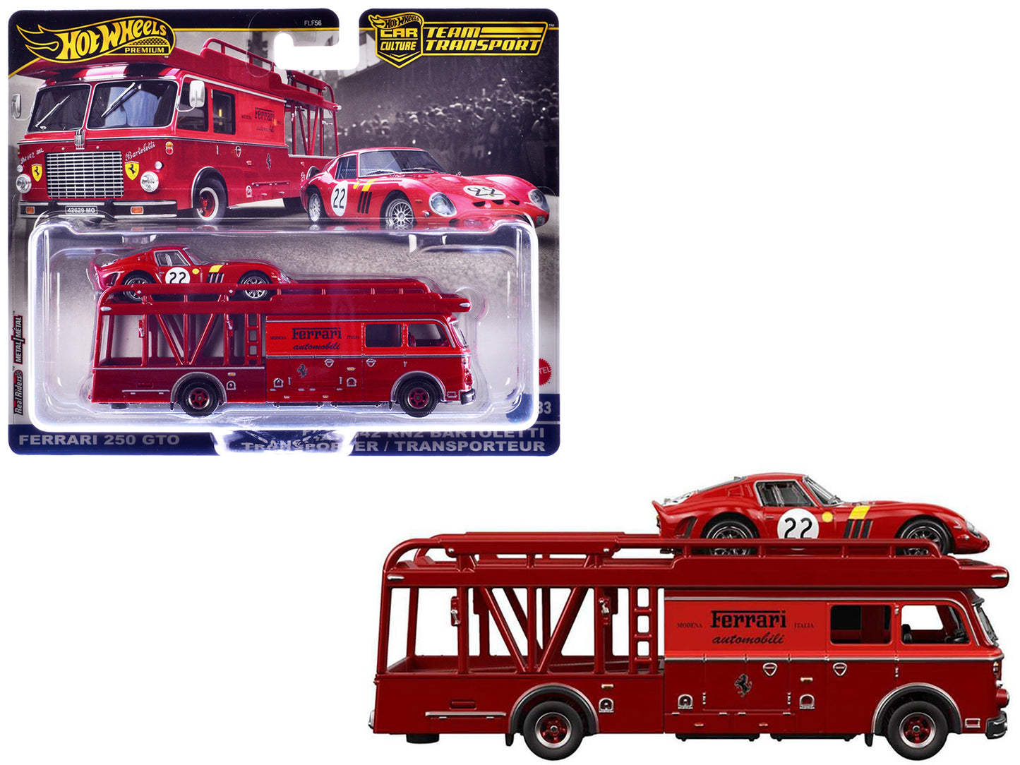 Fiat 642 RN2 Bartoletti Transporter Red and Ferrari 250 GT #22 Red with Yellow Stripes "Team Transport - Car Culture" Series Diecast Model Cars by Hot Wheels