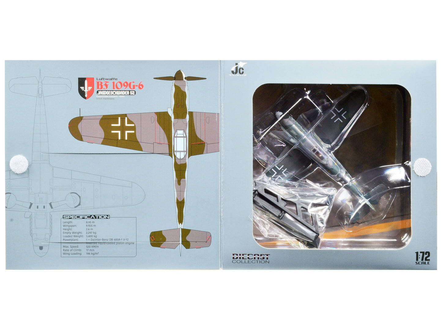 Messerschmitt Luftwaffe BF 109G-6 Fighter Plane "Jagdgeschwader 52 Eastern Front 1943 Erich Hartmann" with Display Stand Limited Edition to 600 pieces Worldwide 1/72 Diecast Model by JC Wings-DiecastModeler.com