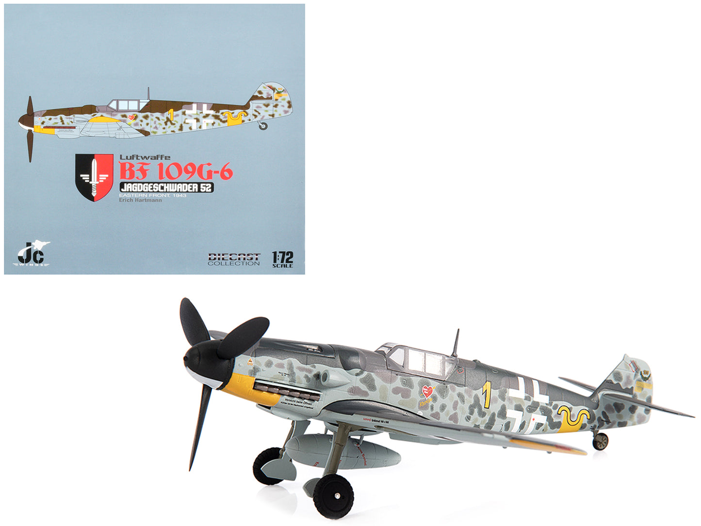 Messerschmitt Luftwaffe BF 109G-6 Fighter Plane "Jagdgeschwader 52 Eastern Front 1943 Erich Hartmann" with Display Stand Limited Edition to 600 pieces Worldwide 1/72 Diecast Model by JC Wings-DiecastModeler.com