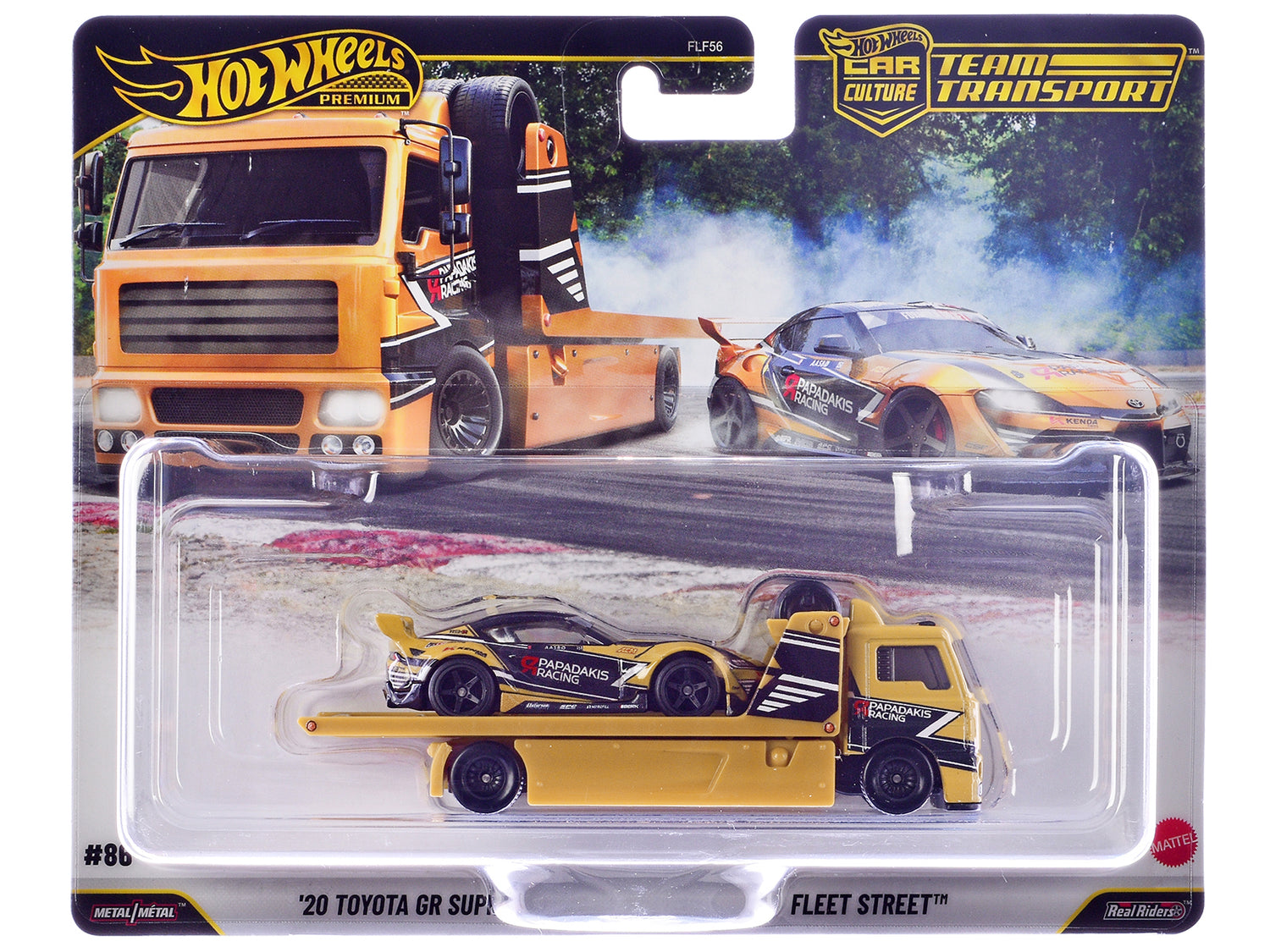 Fleet Street Flatbed Truck Yellow with Graphics and 2020 Toyota GR Supra #15 Yellow with Black Graphics "Papadakis Racing" "Team Transport - Car Culture" Series Diecast Model Cars by Hot Wheels-DiecastModeler.com
